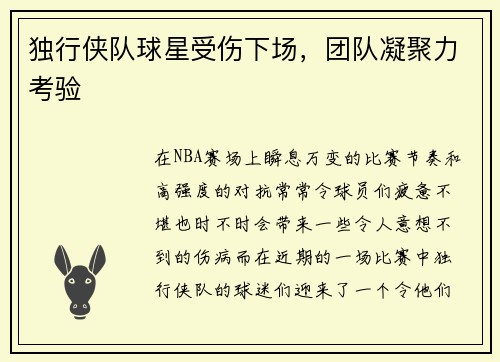 独行侠队球星受伤下场，团队凝聚力考验
